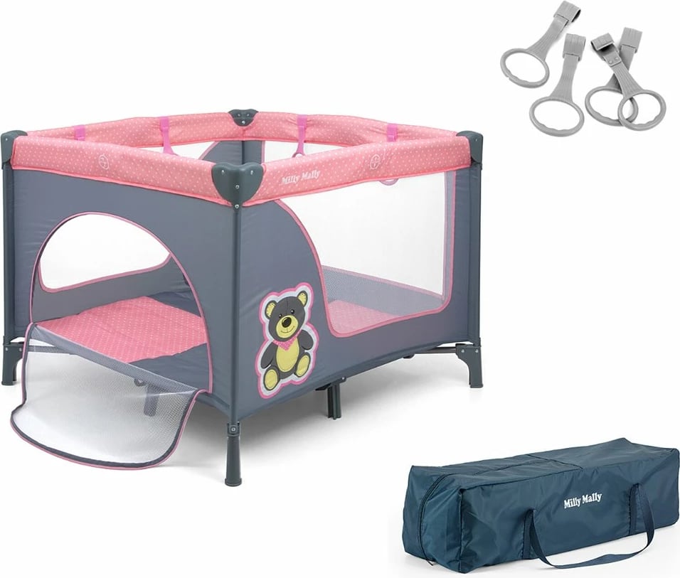 Park loje palosës për bebe, Milly Mally, Fun, 100x100 cm, me dyshek dhe çantë transporti, rozë