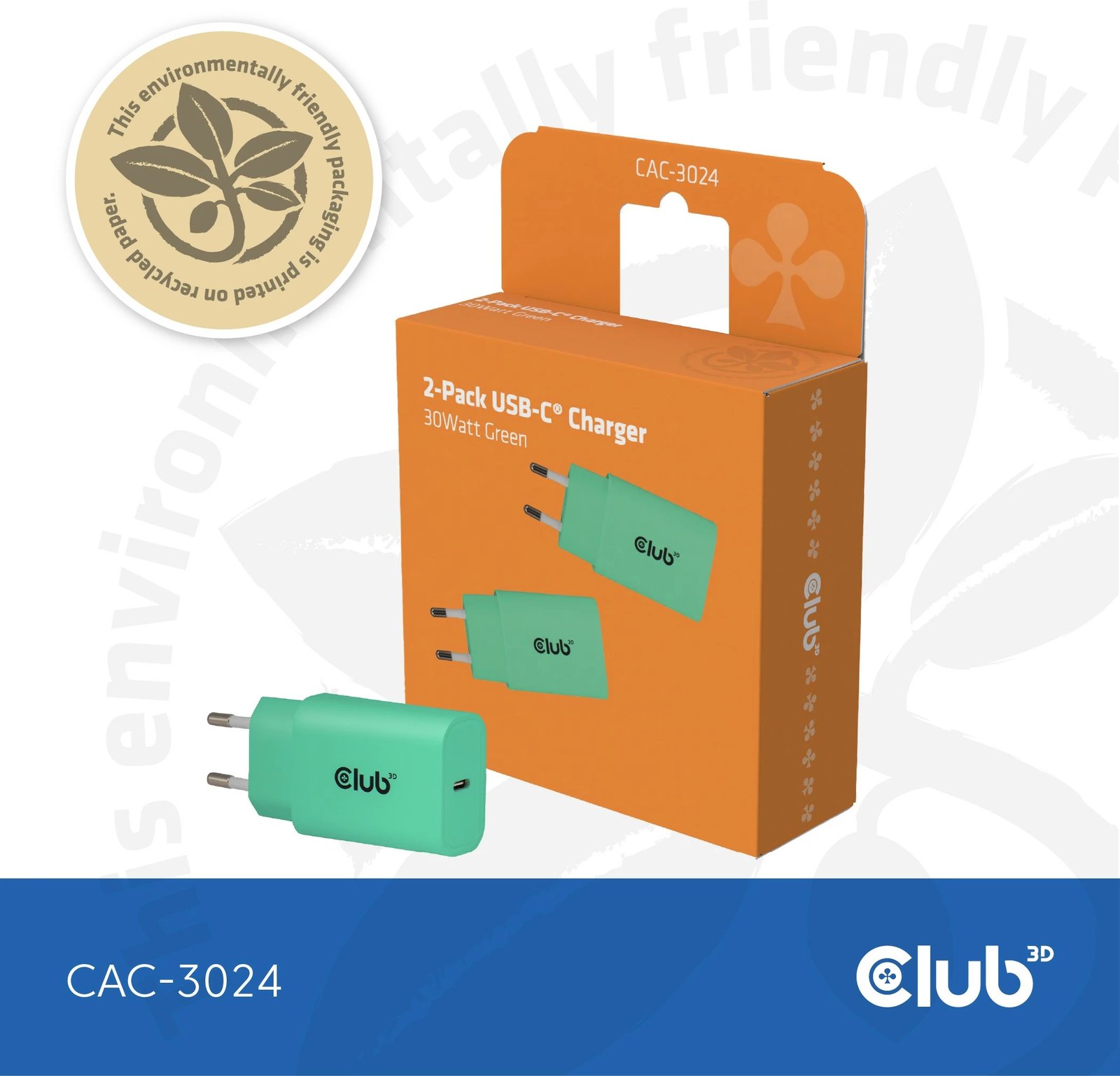 Karikues USB-C Club3D CAC-3024 30W 2 copë gjelbër Karikues USB-C Club3D CAC-3024 30W 2 copë gjelbër