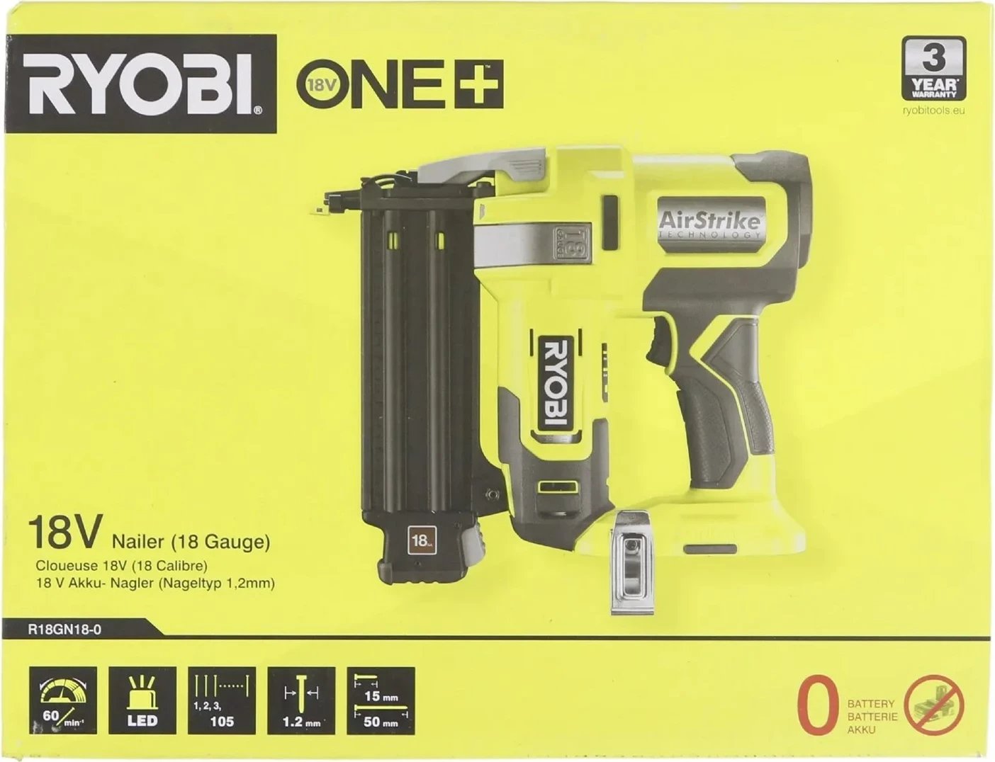 Pistoletë gozhdimi RYOBI 18V ONE+ AirStrike, 18 Gauge, pa bateri