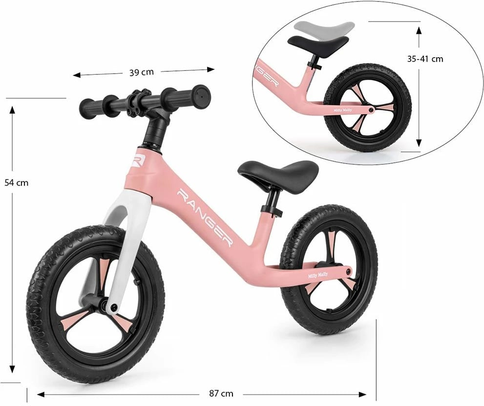 bicikletë balancuese, Milly Mally, Ranger, rrota 12" EVA pa shpim, kornizë kompozite e lehtë, ulëse e rregullueshme 35-41 cm, 2+ vjeç, ngarkesa 25 kg, rozë