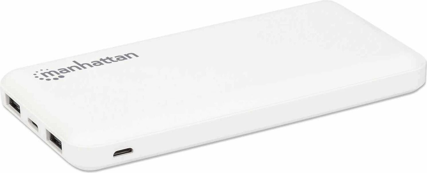 Powerbank MANHATTAN 10.000 mAh, 2xUSB, USB-C + Micro-USB, e bardhë