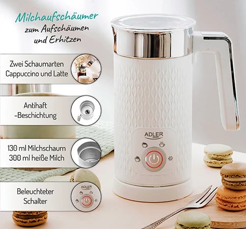 Shkumues qumështi Adler AD 4494 500W 300 ml 4 funksione ngrohje dhe shkumëzim, i bardhë