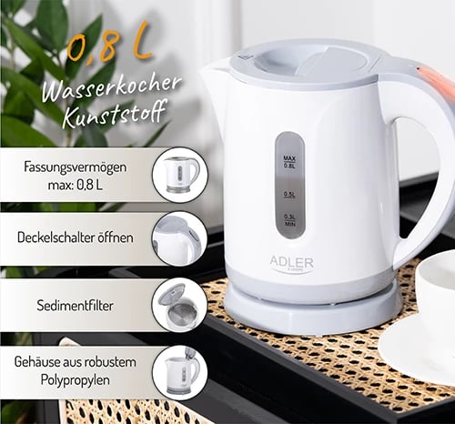 Zierëse uji elektrike, Adler, AD 1371, 0.8 L, 850 W, plastikë, bardhë-gri