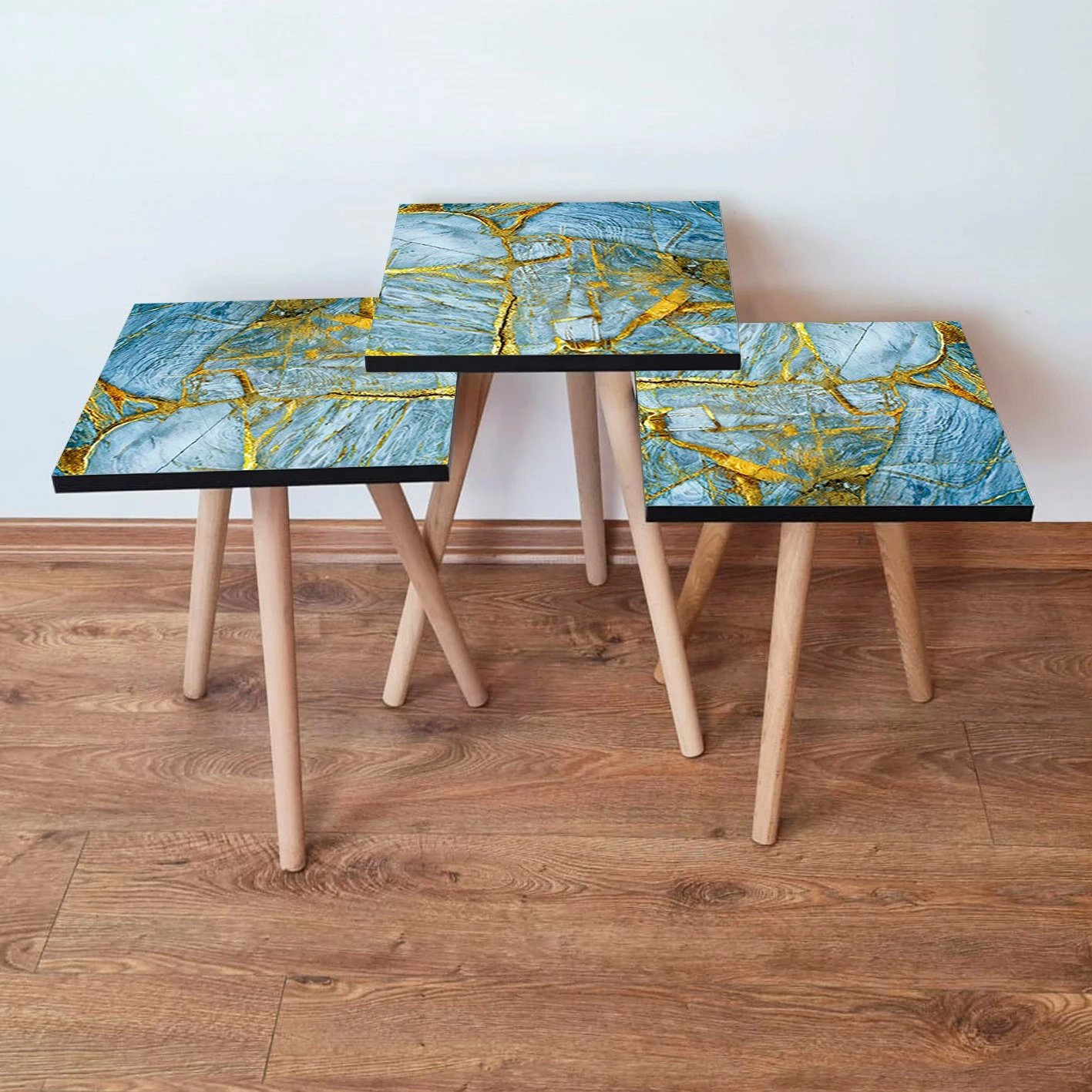 Set tavolinash të mbivendosura, 3 copë, ngjyrë kaltër dhe ari, Skye Decor, 3Shp235