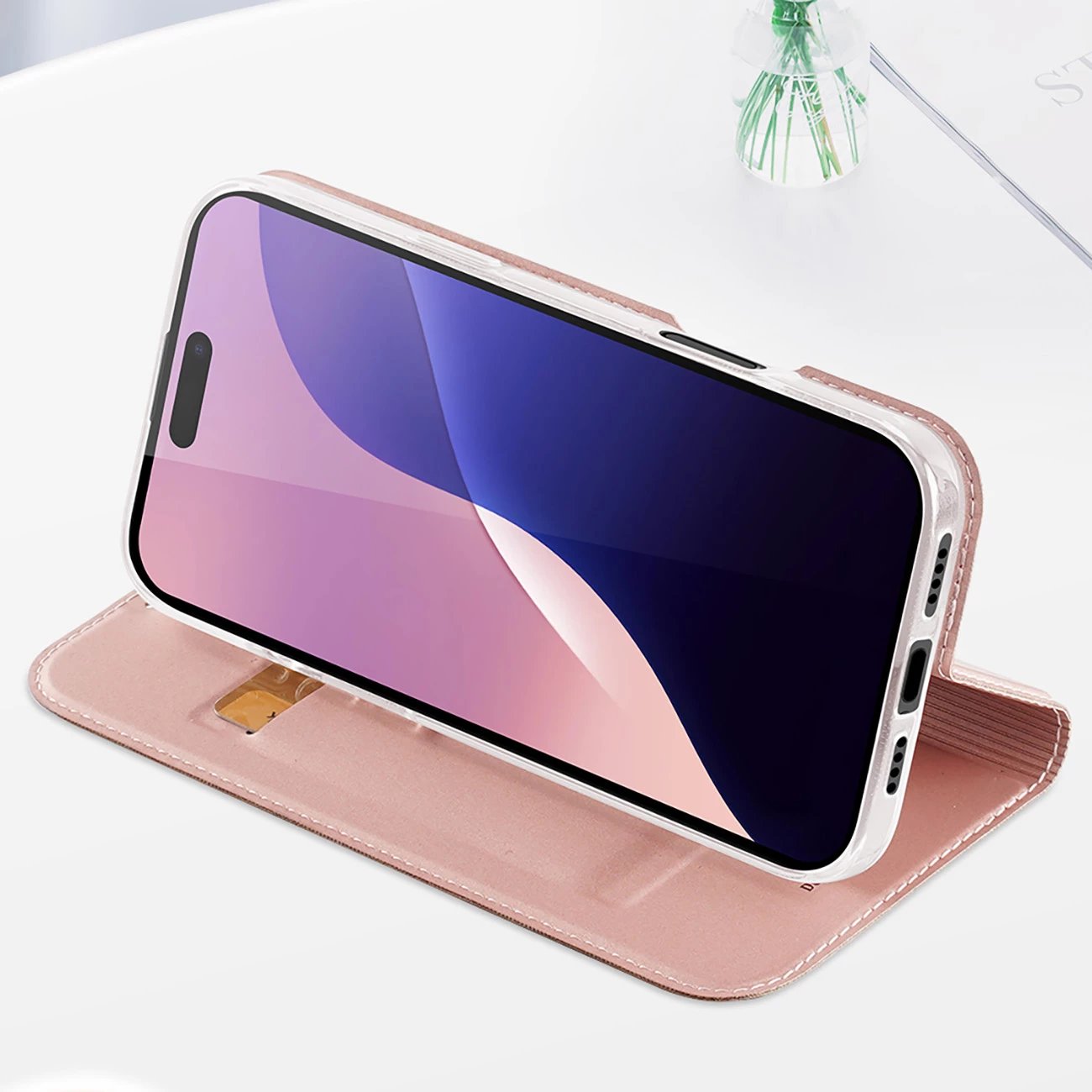 Mbështjellës Dux Ducis Skin Pro për iPhone 16 Pro Max, me kapak dhe xhep për kartela, Rozë Mbështjellës Dux Ducis Skin Pro për iPhone 16 Pro Max, me kapak dhe xhep për kartela, Rozë