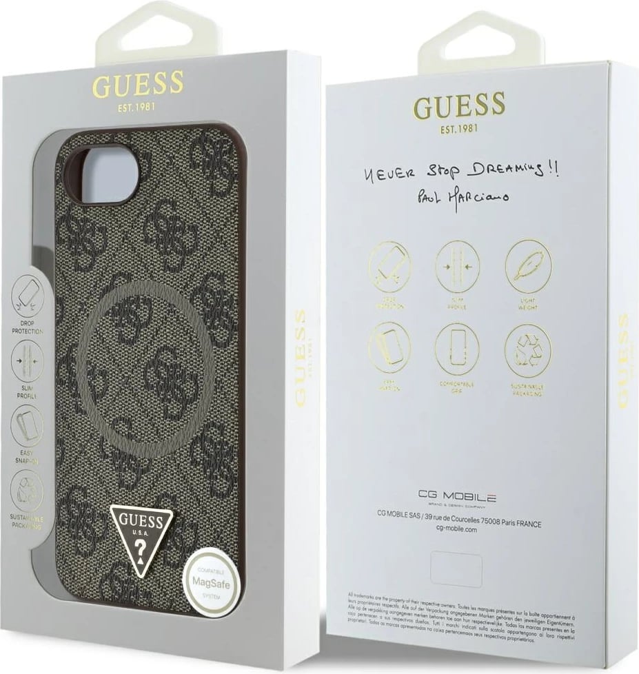 Mbështjellës Guess 4G Ring Triangle Logo MagSafe për iPhone 16e, Kafe