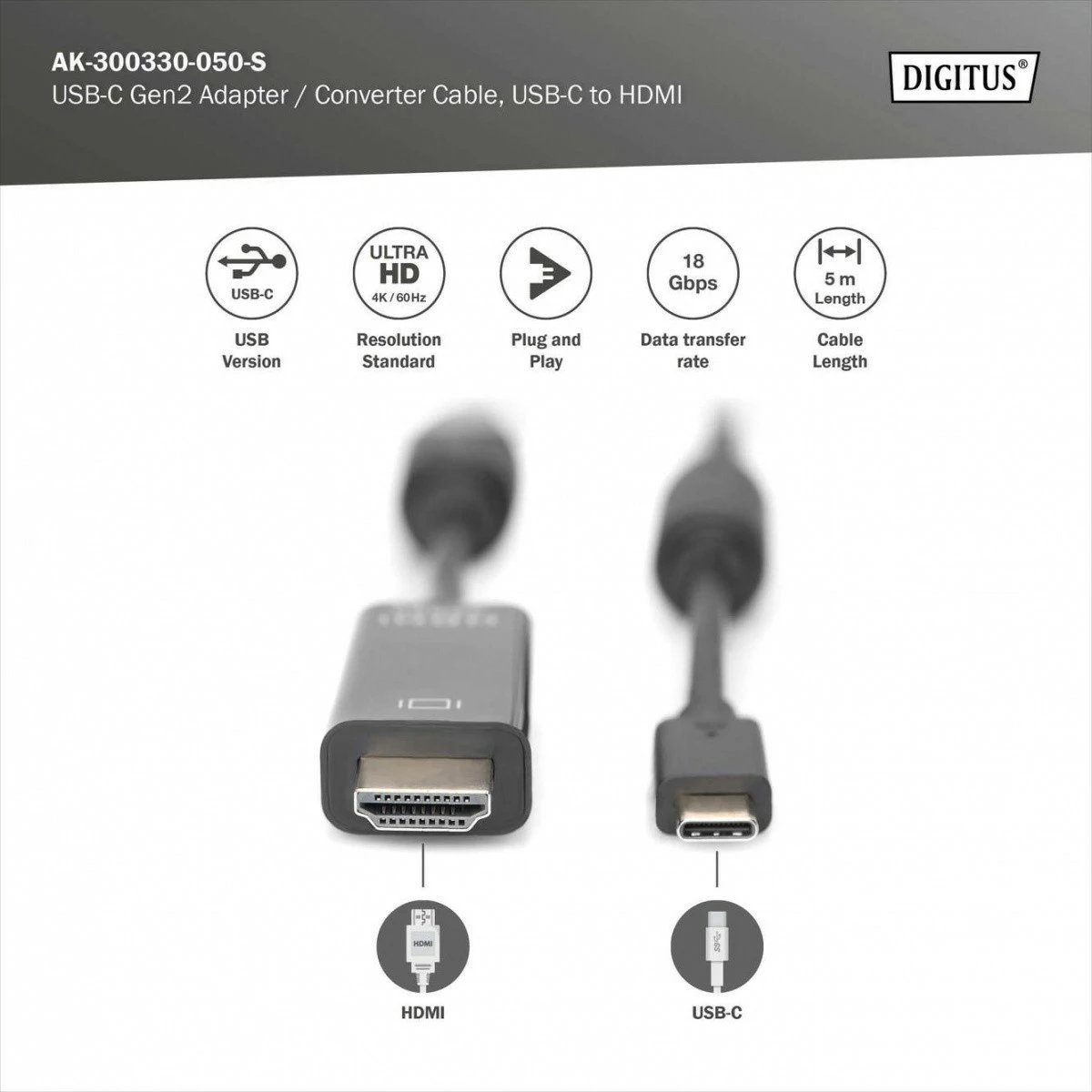 Kabllo Digitus AK-300330-050-S USB Type-C në HDMI, 5m, e zezë