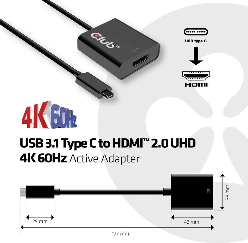 Adapter USB-C Club3D HDMI 2.0 UHD HDR, 0.15m, i zi