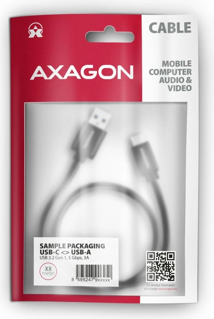 Kabllo AXAGON BUCM3-AM20AB USB-C në USB-A, 2m, 3A, i mbështjellë me najlon, Zi