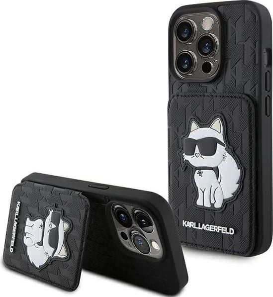 Mbështjellës Karl Lagerfeld Saffiano Cardslots & Stand Monogram Choupette për iPhone 15 Pro Max, i zi