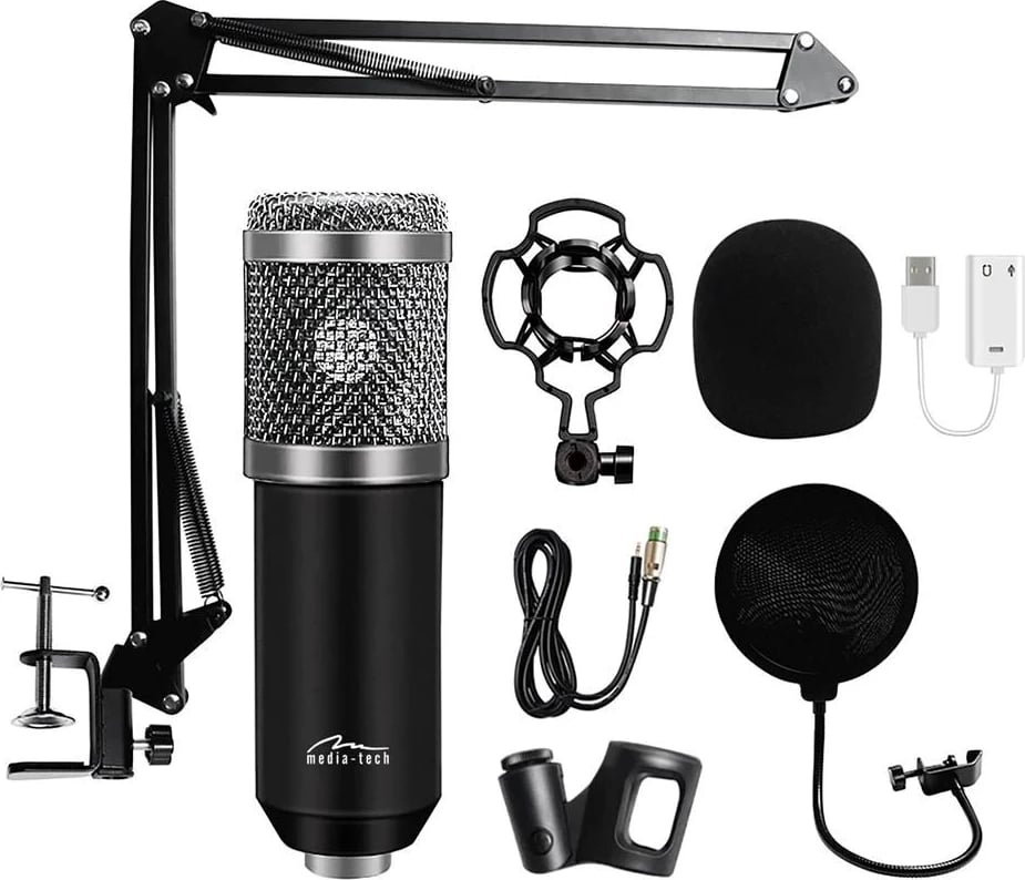Mikrofon për studio dhe streaming, Media tech MT397S, 2.4m,  i zi