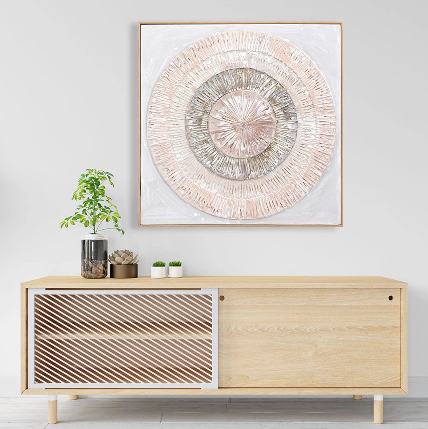 Pikturë muri 3D FH4578 me kornizë PS ngjyrë bezhë, rrathe të punuar me dorë, 82x4.5x82 cm