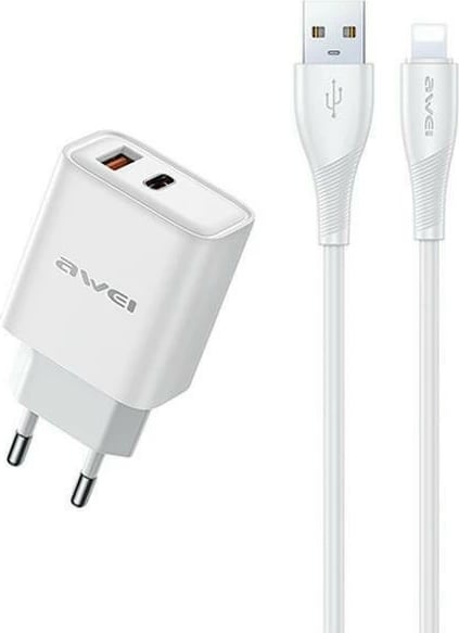 Karikues rrjeti AWEI PD81L-EU me kabllo USB/Lightning, 22.5W, i bardhë, set
