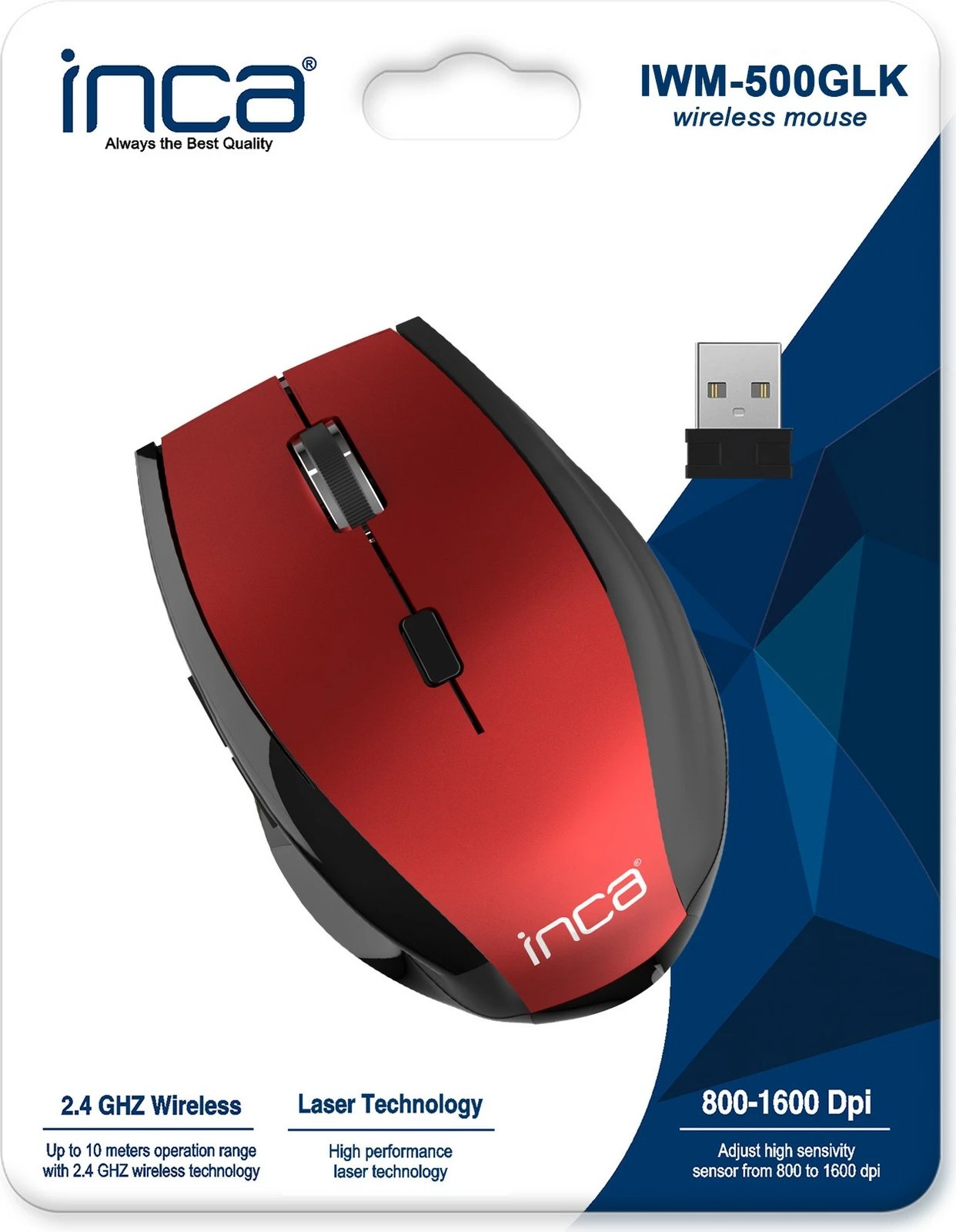 Maus wireless Inca IWM-500GLK, 1600 DPI, Nano-USB, laser, kuq