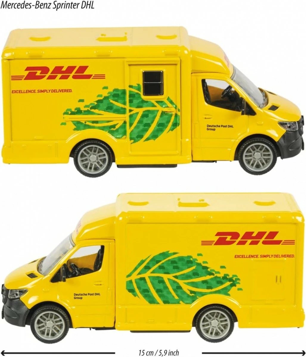 Lodër veturë Majorette Mercedes-Benz Sprinter DHL, metal, 12.5 cm, e verdhë, me drita dhe zë