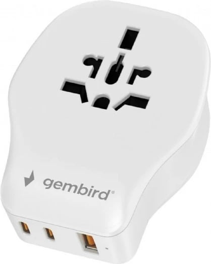 Adapter udhëtimi universal, Gembird, TPA-1A2C20-02-W, 20 W PD/QC, 3x USB (2x Type-C 20 W, 1x Type-A 18 W), prizë AC universale me siguresë 10 A, 4 koka US/UK/EU/AU, e bardhë