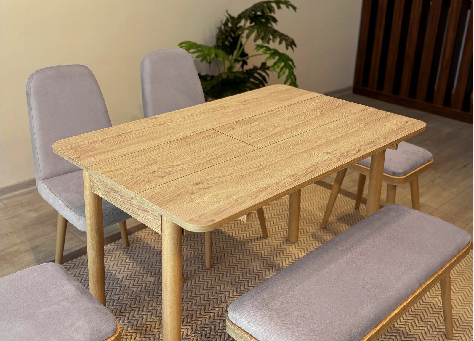 Set tavolinë me karrige për ngrënie, zgjatues, 6 pjesë, Skye Decor, Vina Mini 03 0701, ngjyrë lisi, Soho gri