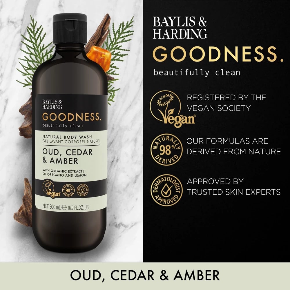 Xhel për dush Baylis & Harding GOODNESS OUD, CEDAR & AMBER, 500 ml  Xhel për dush Baylis & Harding GOODNESS OUD, CEDAR & AMBER, 500 ml