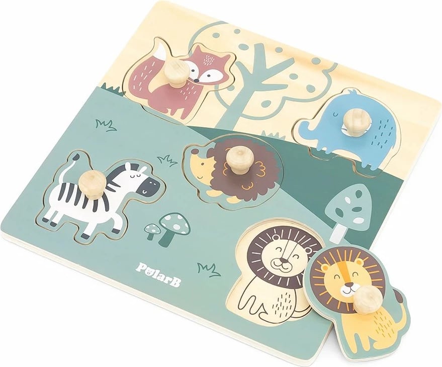 Puzzle druri me kunja, Viga PolarB Animals, 5 pjesë, 21.7 x 21.7 cm, multingjyrësh