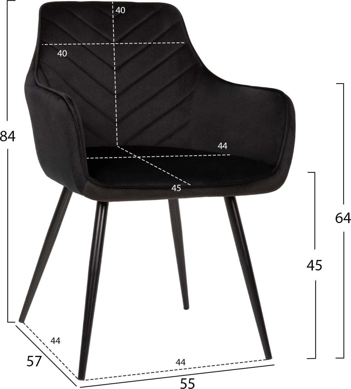 Karrige Latrell, kadife e zezë, këmbë metali të zeza, 55x57x84H cm., set prej 2 copë