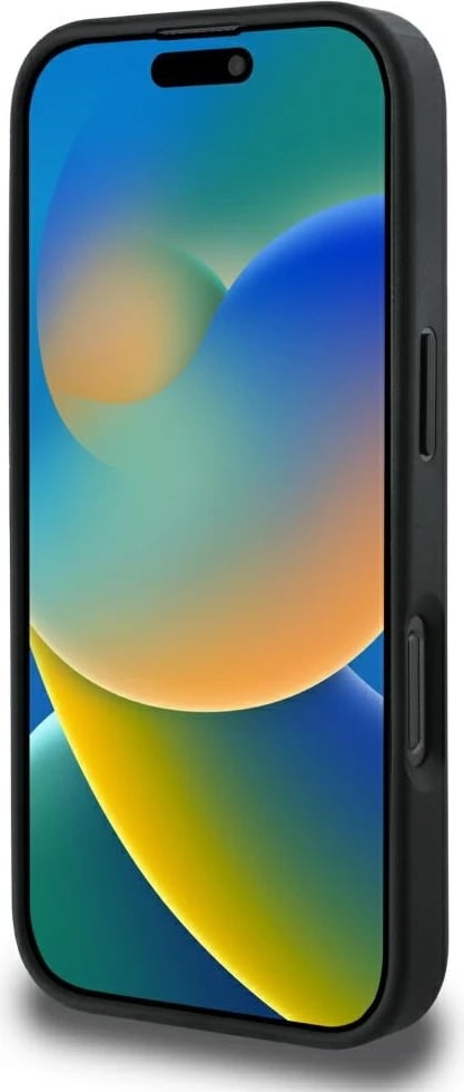 Mbështjellës Guess Grained Hot Stamp Peony Triangle Logo MagSafe për iPhone 16 Pro Max, i zi