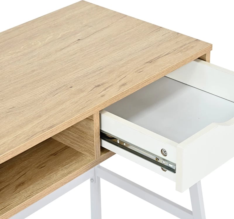 Tavolinë pune me raft dhe sirtar Rezio, ngjyrë lis-e bardhë, këmbë metalike të zeza, 75x45x76cm