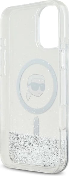 Mbështjellës Karl Lagerfeld Liquid Glitter Karl Head MagSafe për iPhone 16 Plus, Transparent
