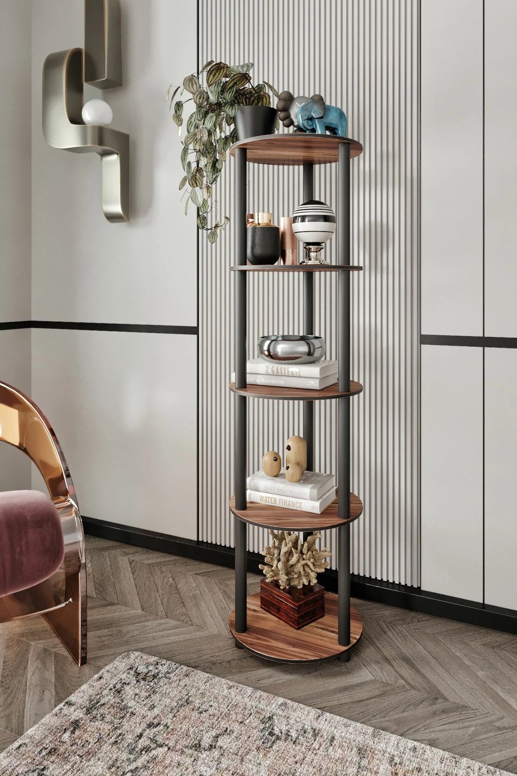 Raft librash Skye Decor, 5 nivele, i rrumbullakët, ngjyrë arre