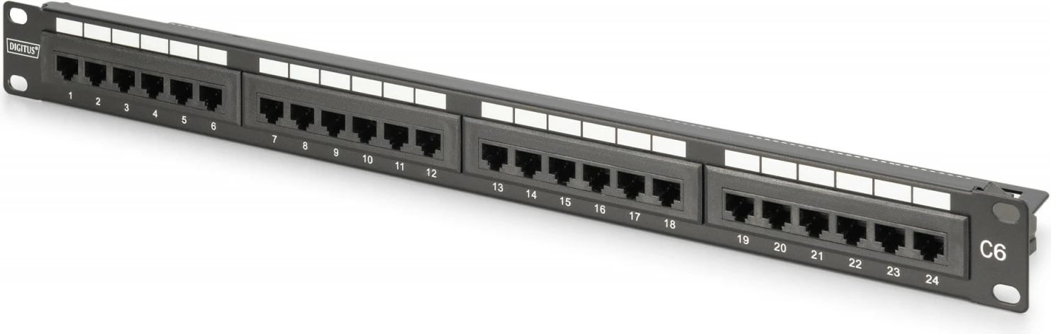 Patch Panel, Digitus DN-91624U-CR, 19" 1U, 24x RJ45 CAT 6 UTP, LSA vertikal me udhëzues kabllosh dhe fusha etiketime, e zezë