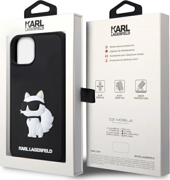Mbështjellës Karl Lagerfeld KLHCP14S3DRKHNK për iPhone 14 6.1", i zi, 3D Rubber Choupette