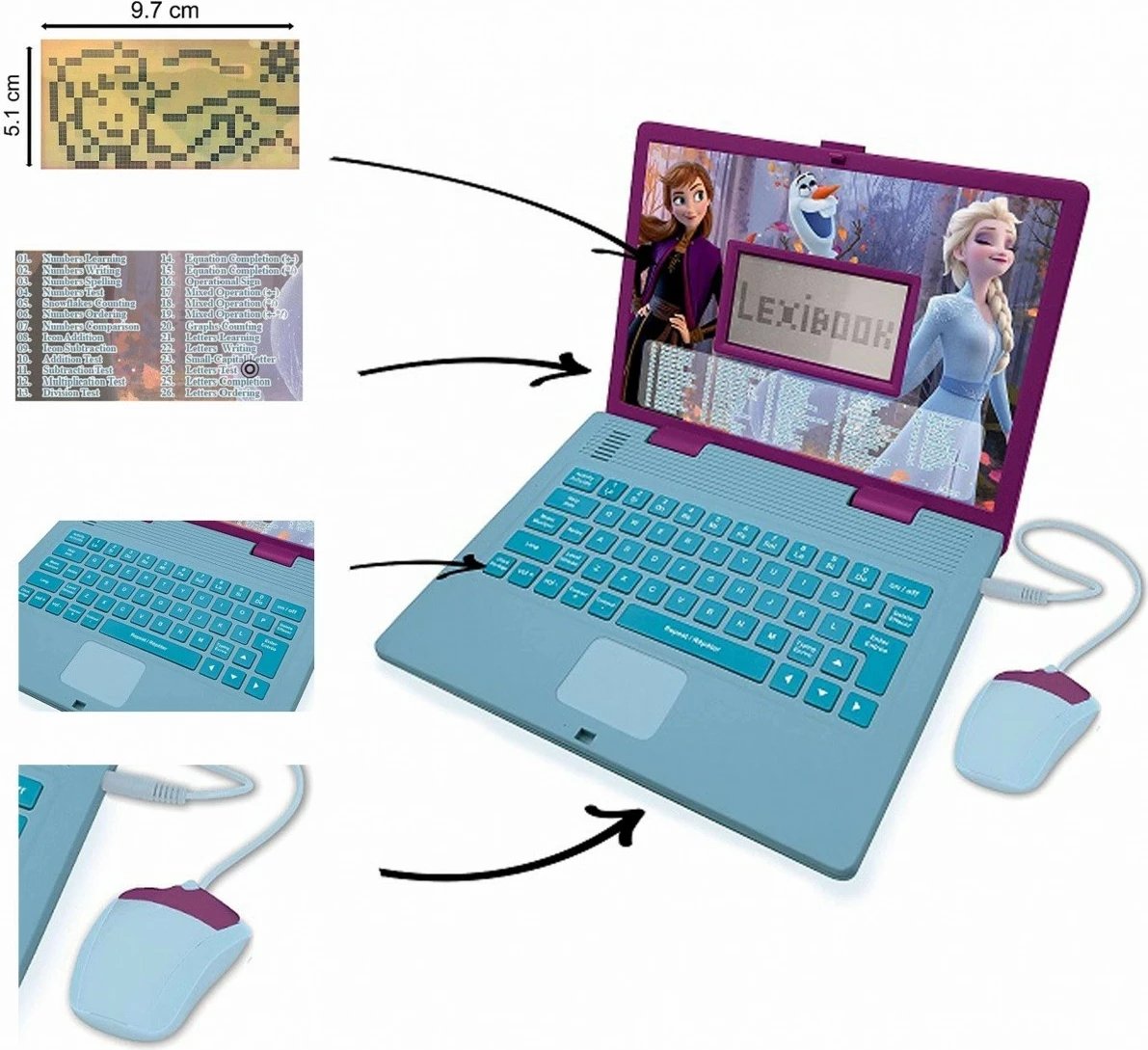 Laptop edukativ Lexibook Disney Frozen, 124 aktivitete, dygjuhësh PL/ENG, për vajza, Azur/Vjollcë