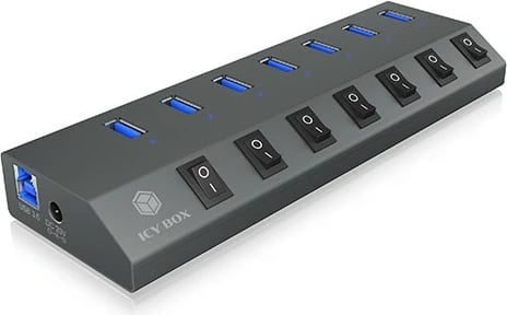 Kasë USB hub IcyBox IB-HUB1701-C3, 7x USB Type-A, me çelësa on/off, antracit