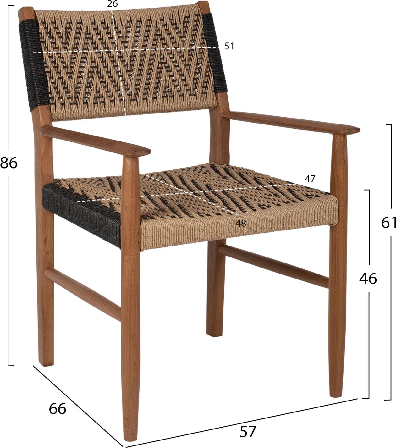 Karrige me krahë për ngrënie, dru teak, litar sintetik, 57x66x86H cm, FH9383.01