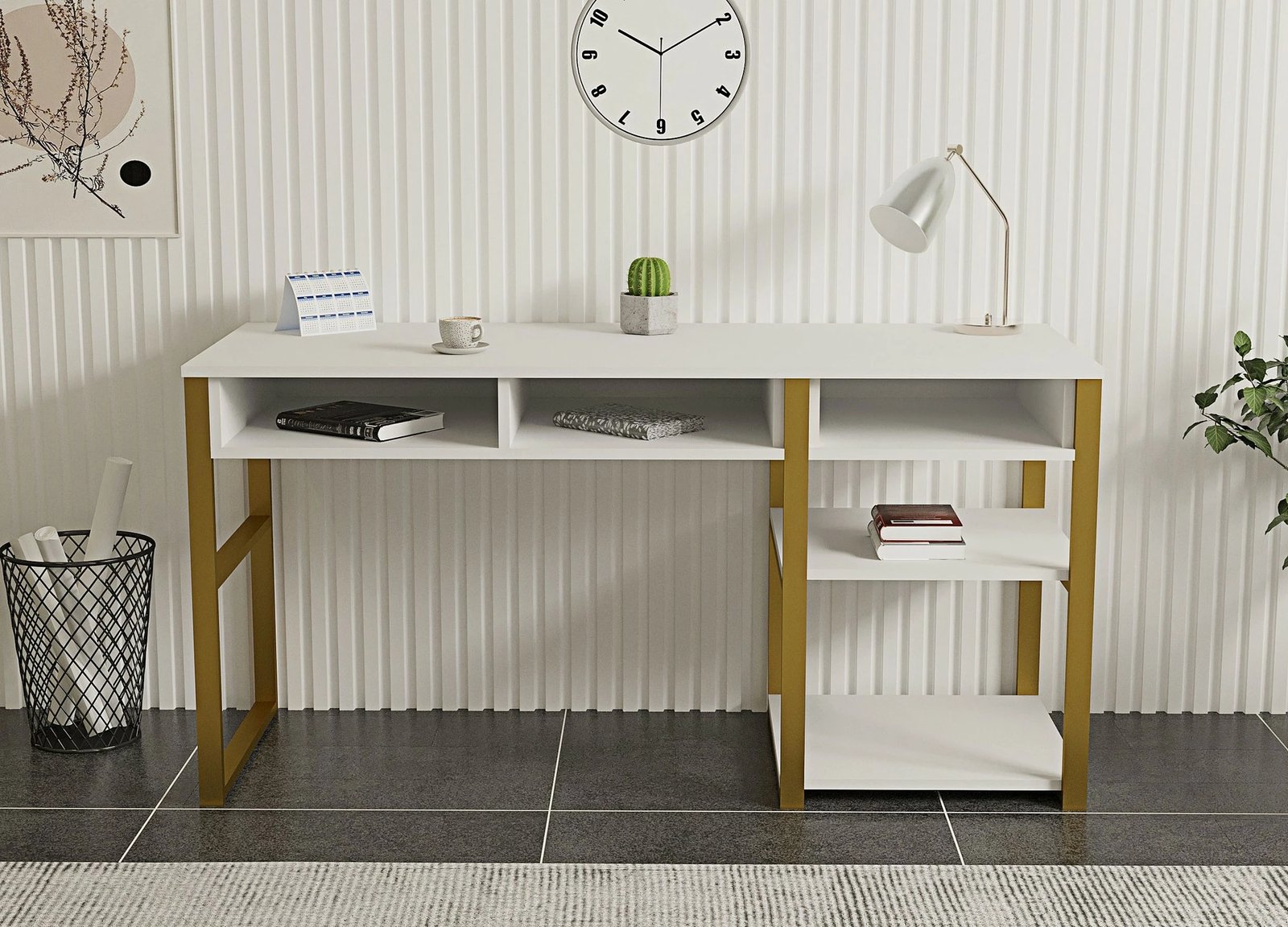 Tavolinë pune Hanah Home, Emro, e bardhë me të artë