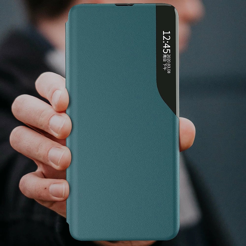 Mbështjellës Hurtel Eco Leather View Case për Samsung Galaxy A22 4G, me kapak dhe mbajtës, e zezë