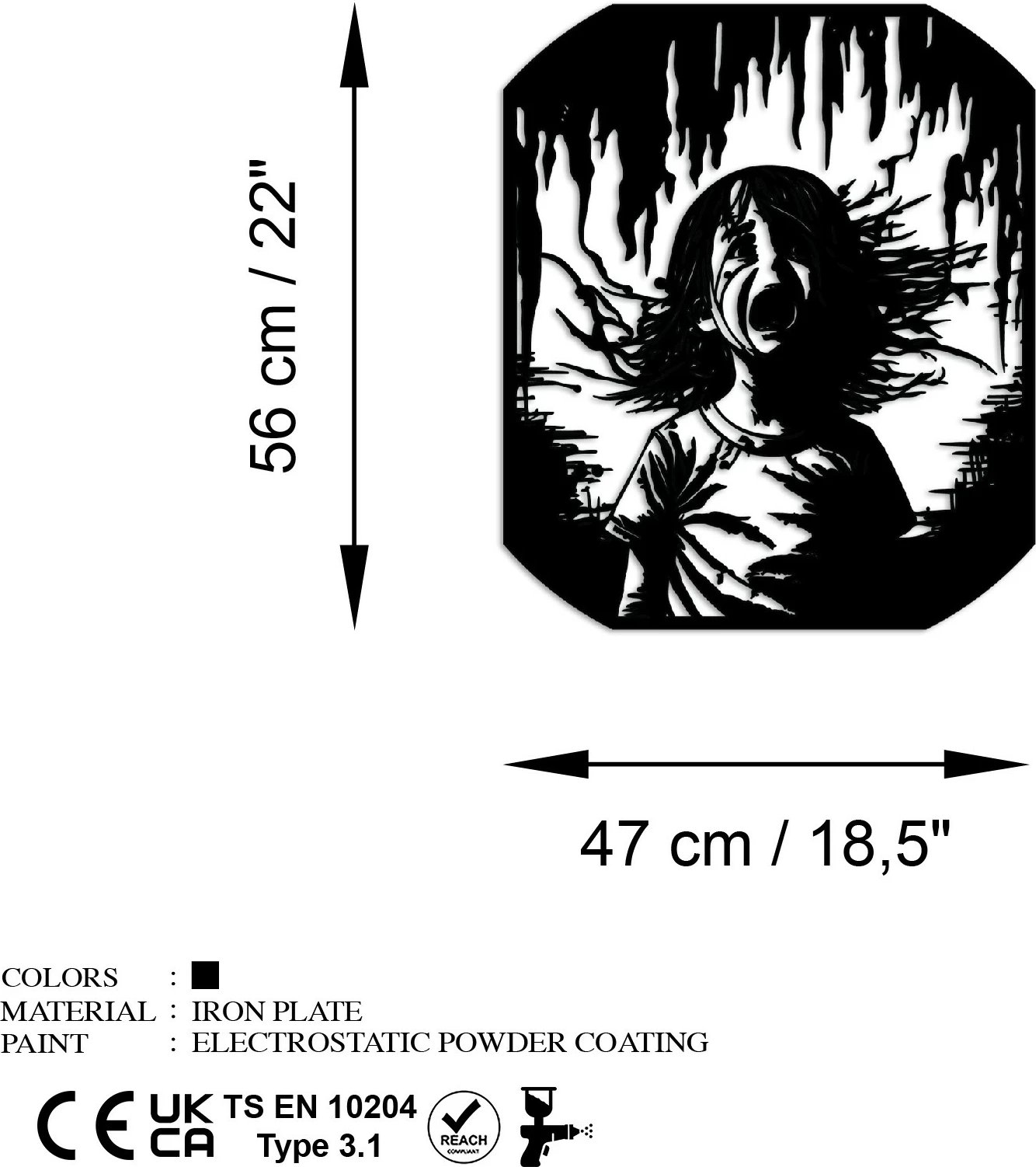 Aksesor dekorativ metalik për mur, Wallity Gaza, ngjyrë e zezë, 56x47cm