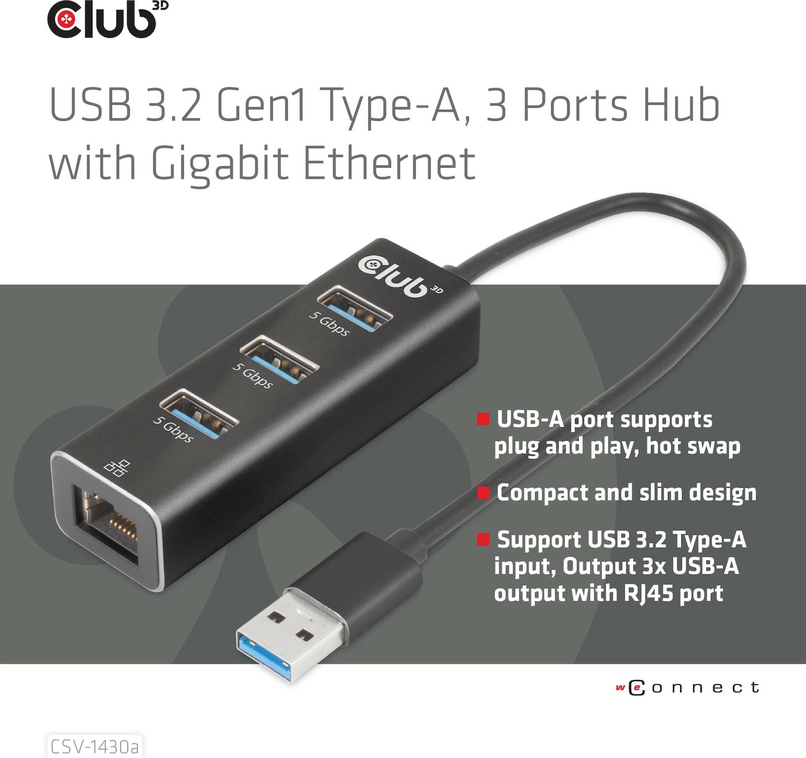 Adapter USB Club3D 3x USB 3.2 Type-A me LAN, i zi