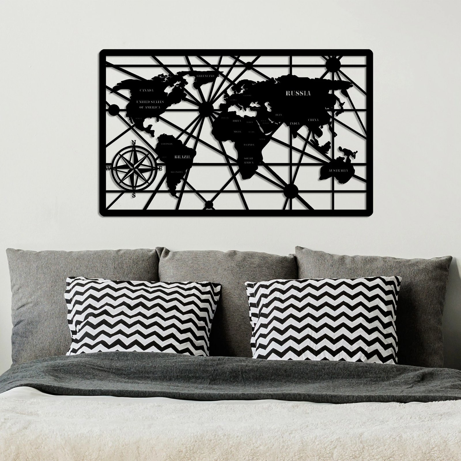 Aksesor dekorativ metalik për mur, hartë bote, Wallity, 50x82cm, e zezë