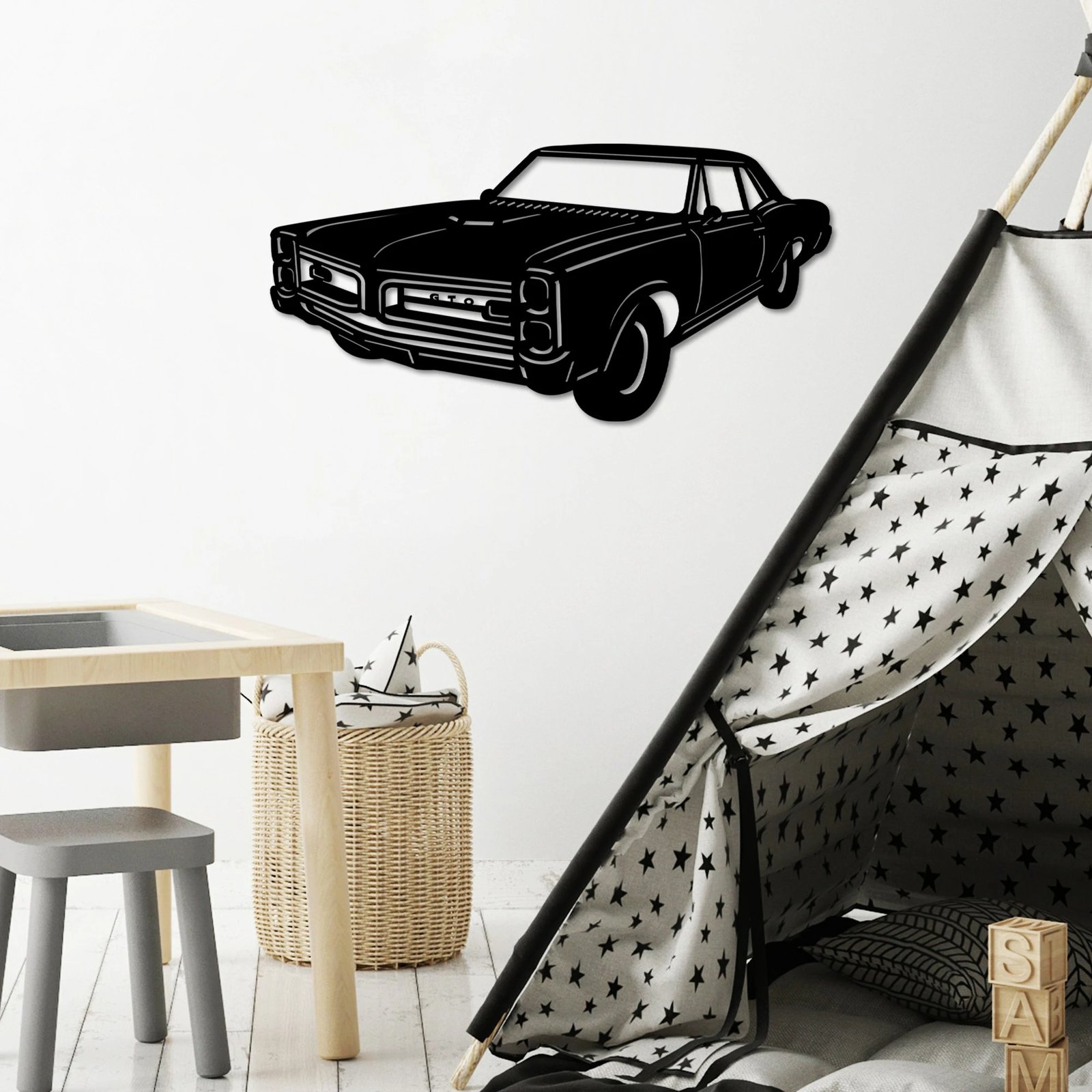 Aksesor dekorativ metalik për mur, Pontiac GTO 1966, Wallity, ngjyrë e zezë