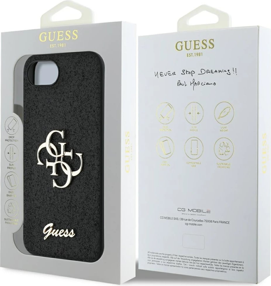 Mbështjellës Guess Fixed Glitter Big 4G për iPhone 16e, i zi