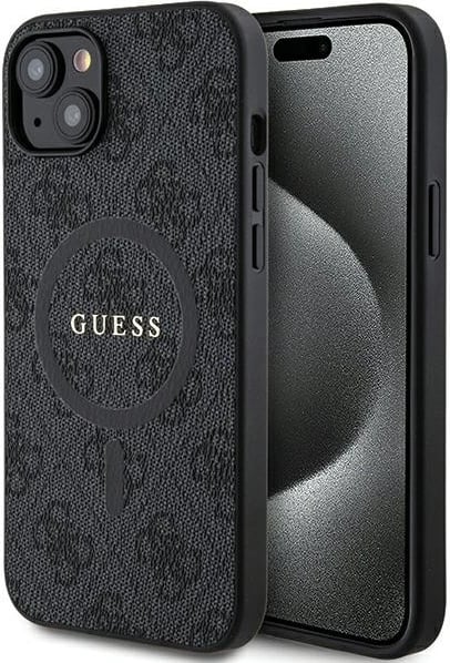 Mbështjellës Guess 4G Collection Leather Metal Logo MagSafe për iPhone 14/15/13, i zi