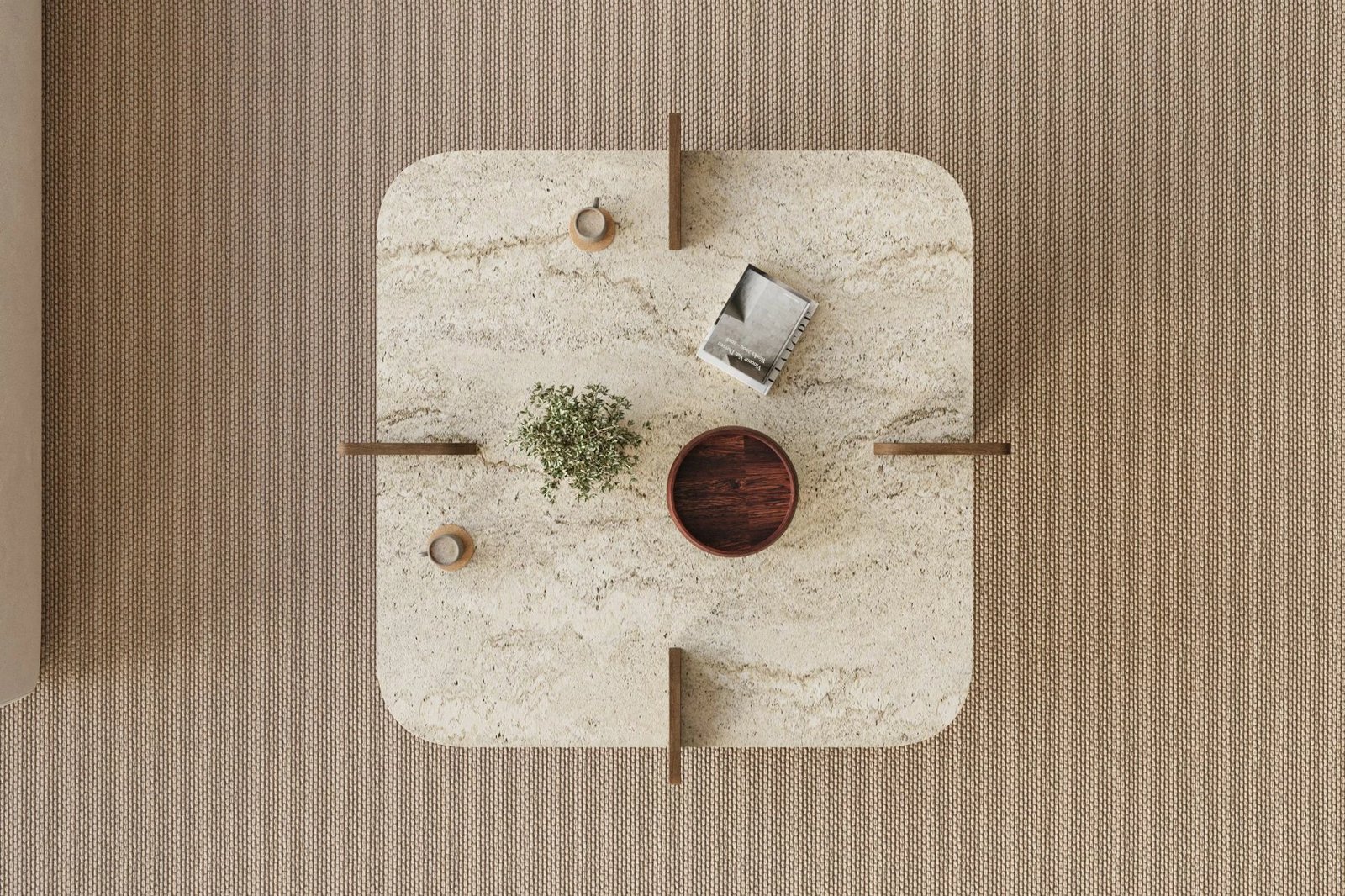 Tavolinë kafeje Skye Decor, Poalla, travertin, dru arre