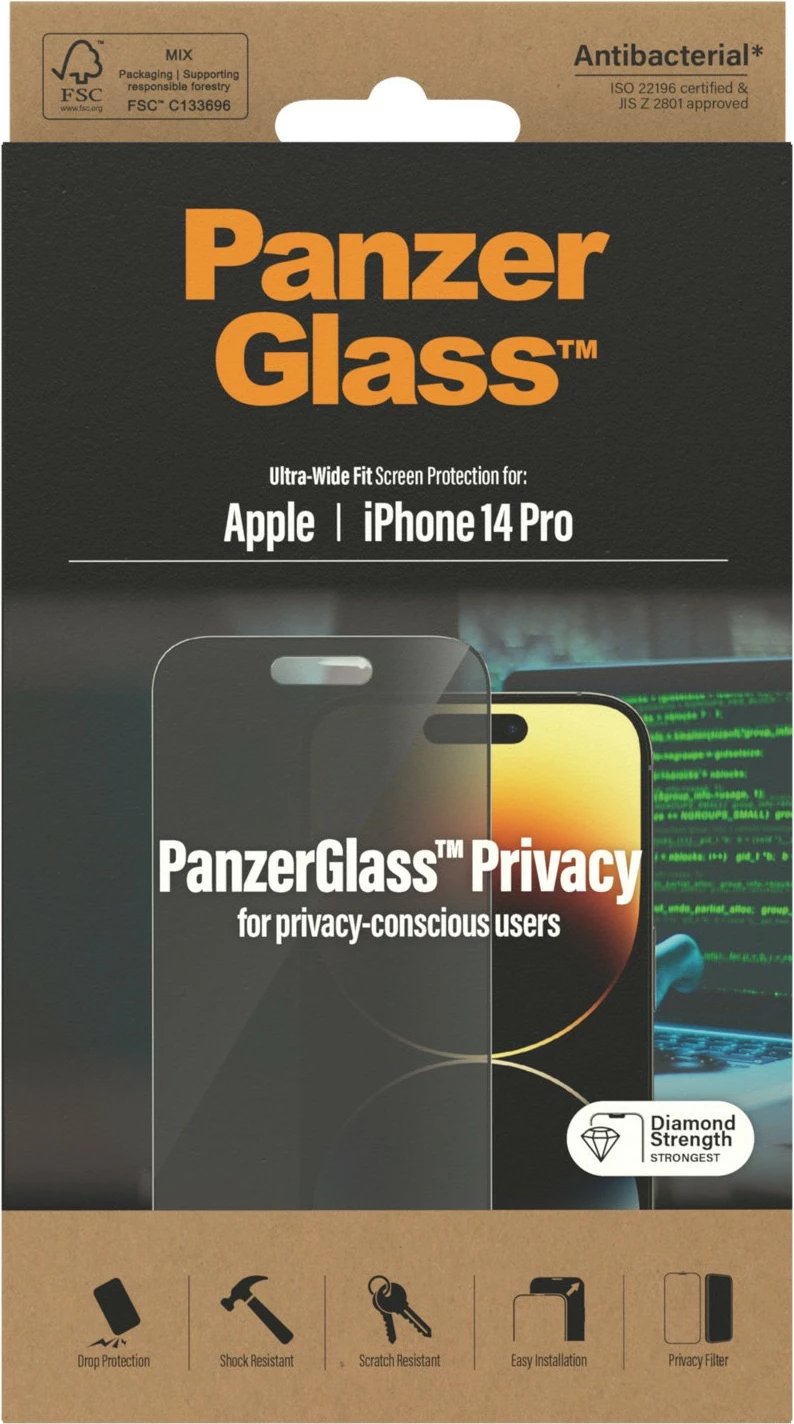 Mbështjellës ekrani PanzerGlass për iPhone 14 Pro, Privacy, antibakterial