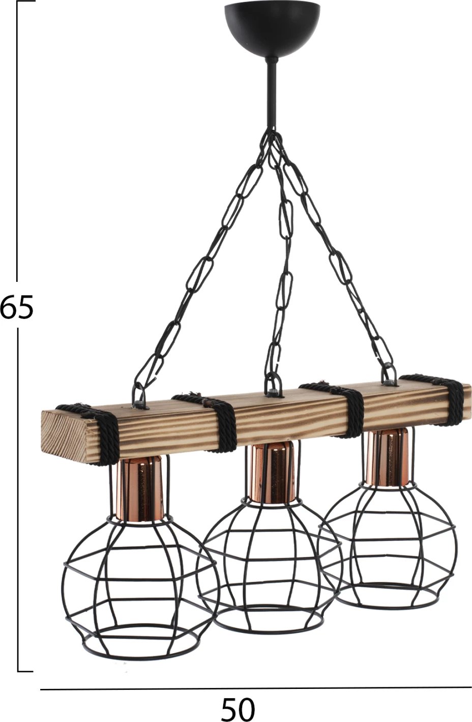 Llambë tavani me 3 drita, me dru dhe rrjeta metali, 50x16x65H cm, FH7682.01