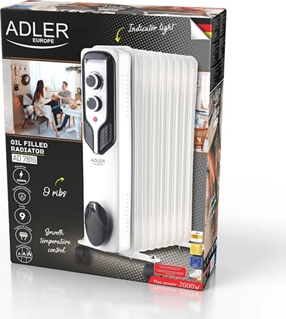 Ngrohës me vaj, Adler, AD 7816, 2000W, 9 rebra, 3 nivele, i bardhë