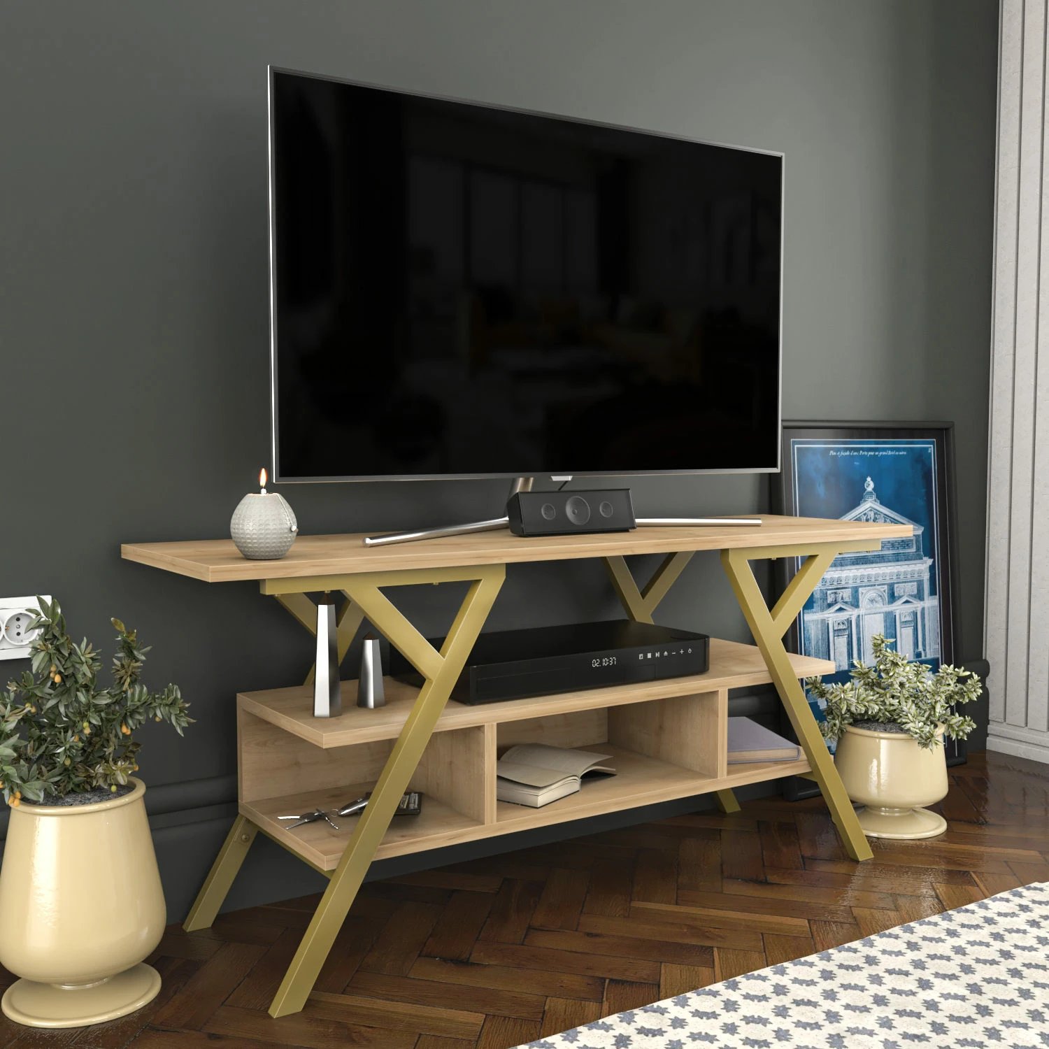 Komodinë për TV Skye Decor, ngjyrë ari, lis, Minerva