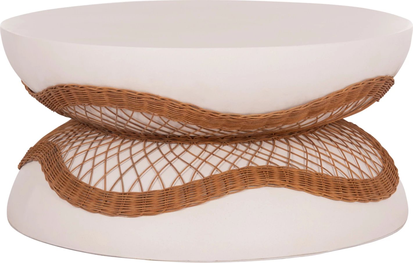 Tavolinë kafeje rrethore ANNA, çimento fiber e bardhë, ratan natyral, FH18157.02, 92x44.5cm