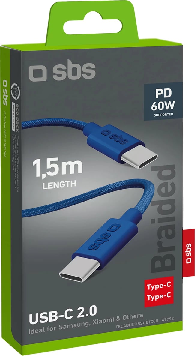 Kabllo USB-C në USB-C SBS TECABLETISSUETCCB, 1.5m, 60W, tekstil, Blu Kabllo USB-C në USB-C SBS TECABLETISSUETCCB, 1.5m, 60W, tekstil, Blu