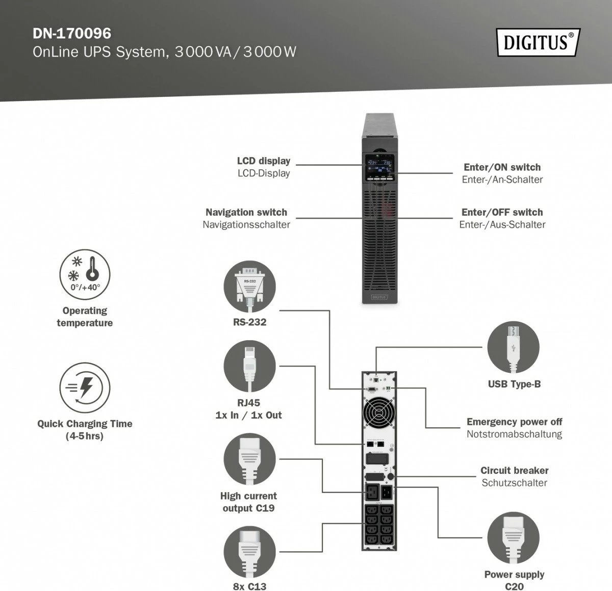 UPS online Digitus DN-170096, 3000VA/3000W, rack 19", LCD, 6x12V/9Ah, 8xC13, 1xC19, USB, RS232, RJ45, e zezë UPS online Digitus DN-170096, 3000VA/3000W, rack 19", LCD, 6x12V/9Ah, 8xC13, 1xC19, USB, RS232, RJ45, e zezë