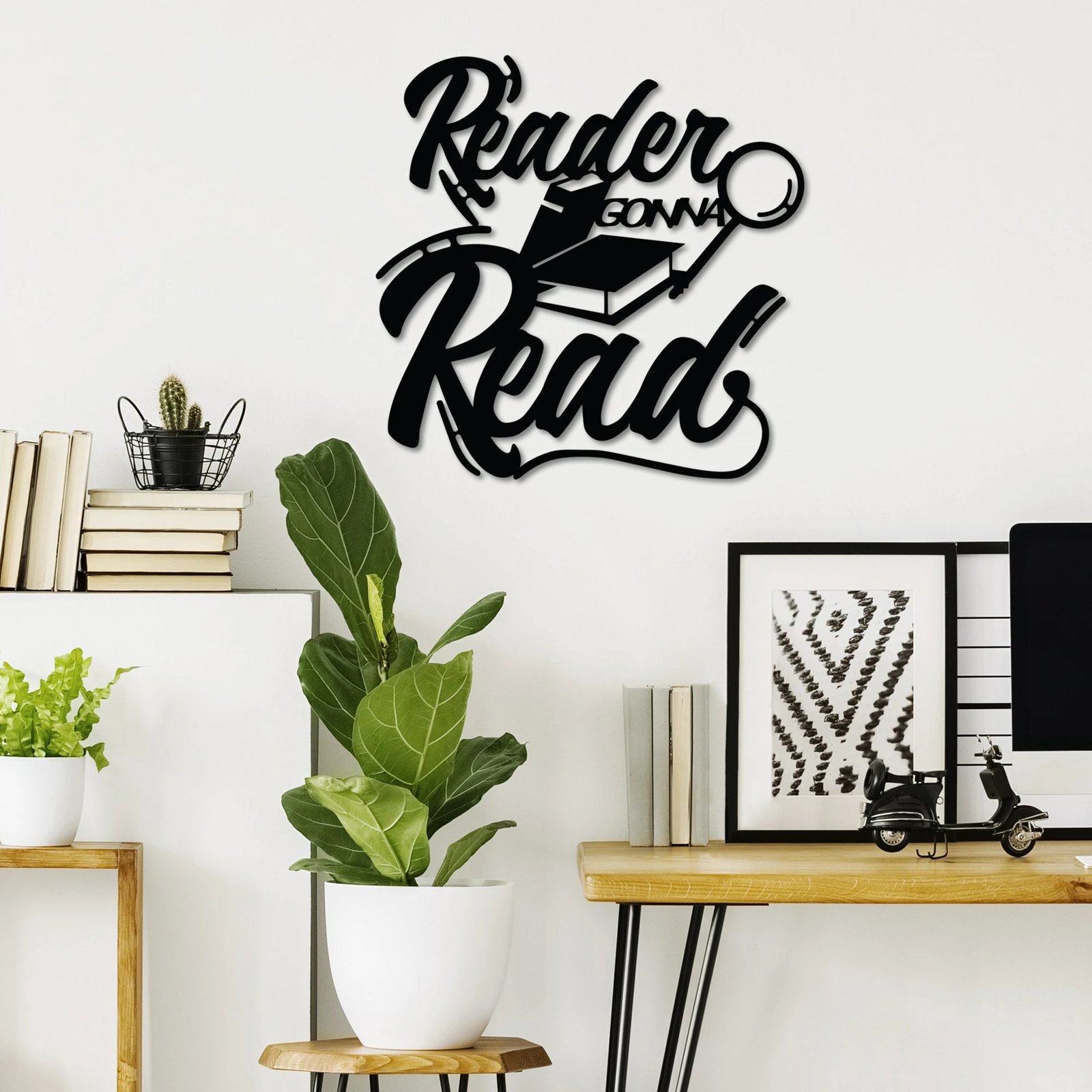 Aksesor dekorativ metalik për mur, Reader Gonna Read, ngjyrë e zezë, 50x50cm